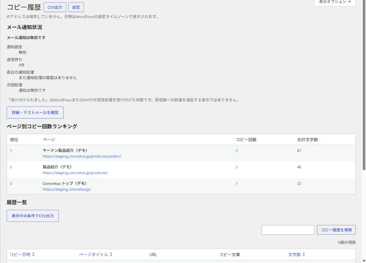 ページ別コピー回数ランキングを表示したCopy Report管理画面