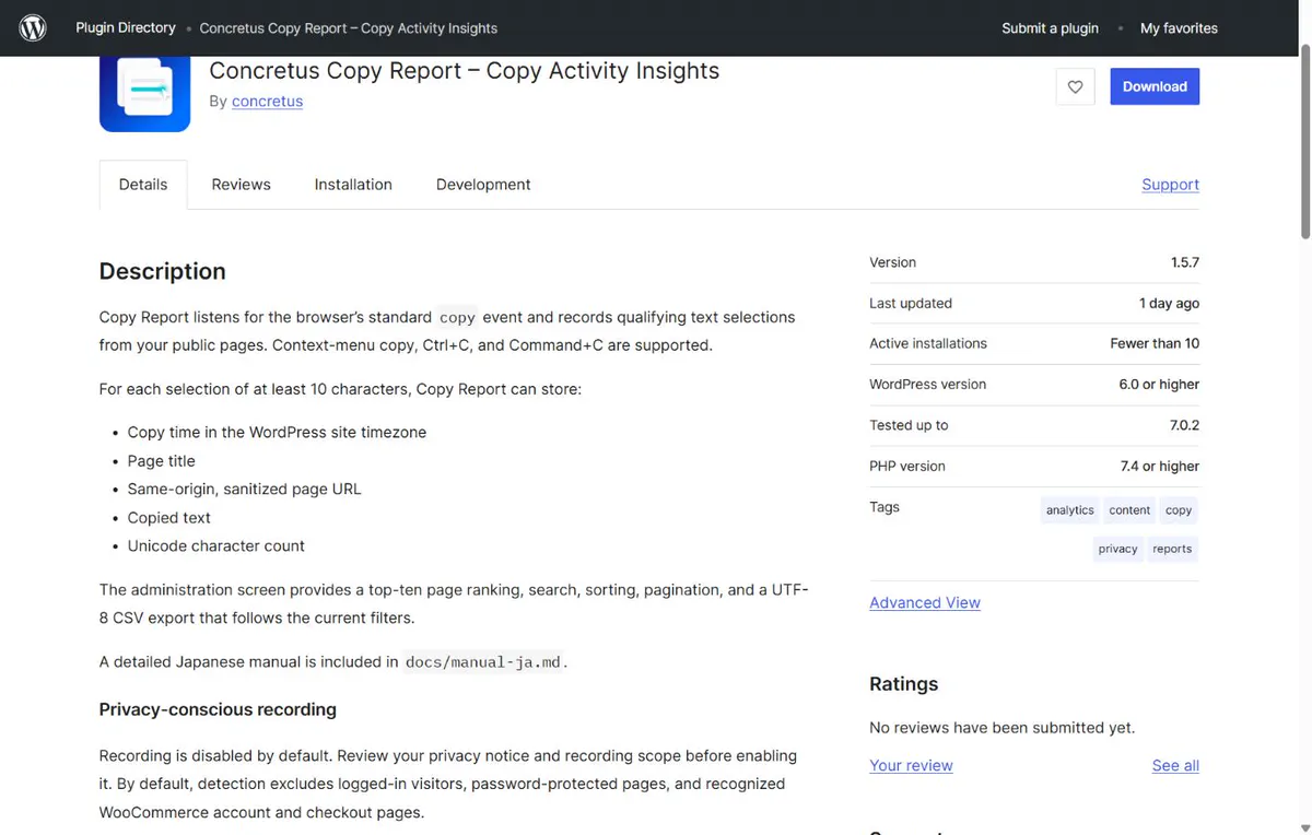 WordPress.orgで公開されているConcretus Copy Reportのプラグインページ