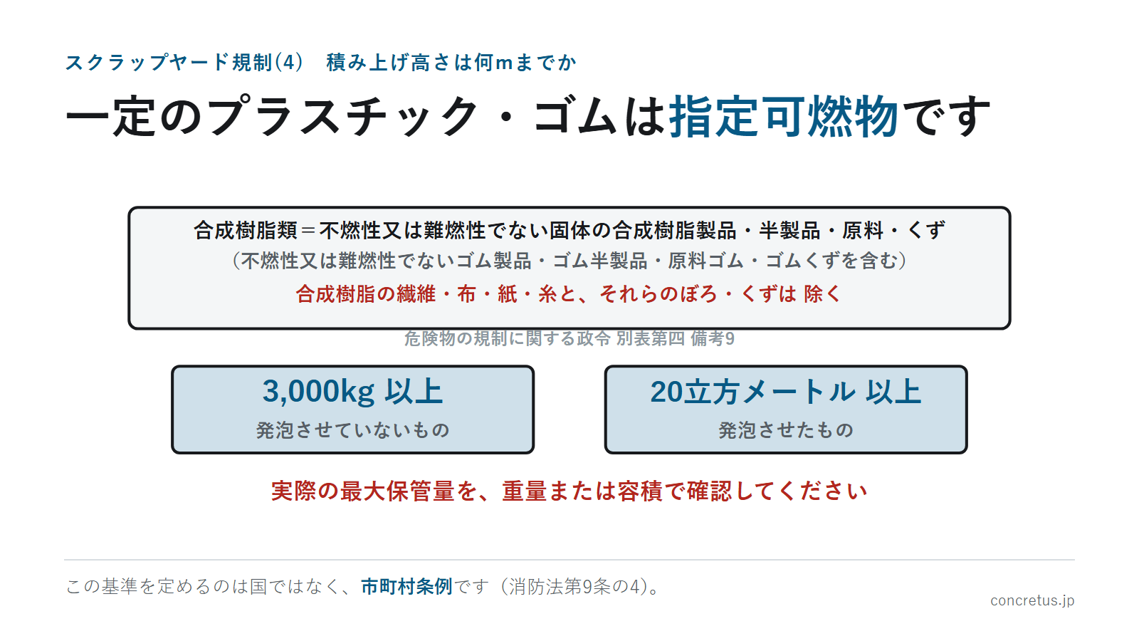一定のプラスチック・ゴムは指定可燃物です