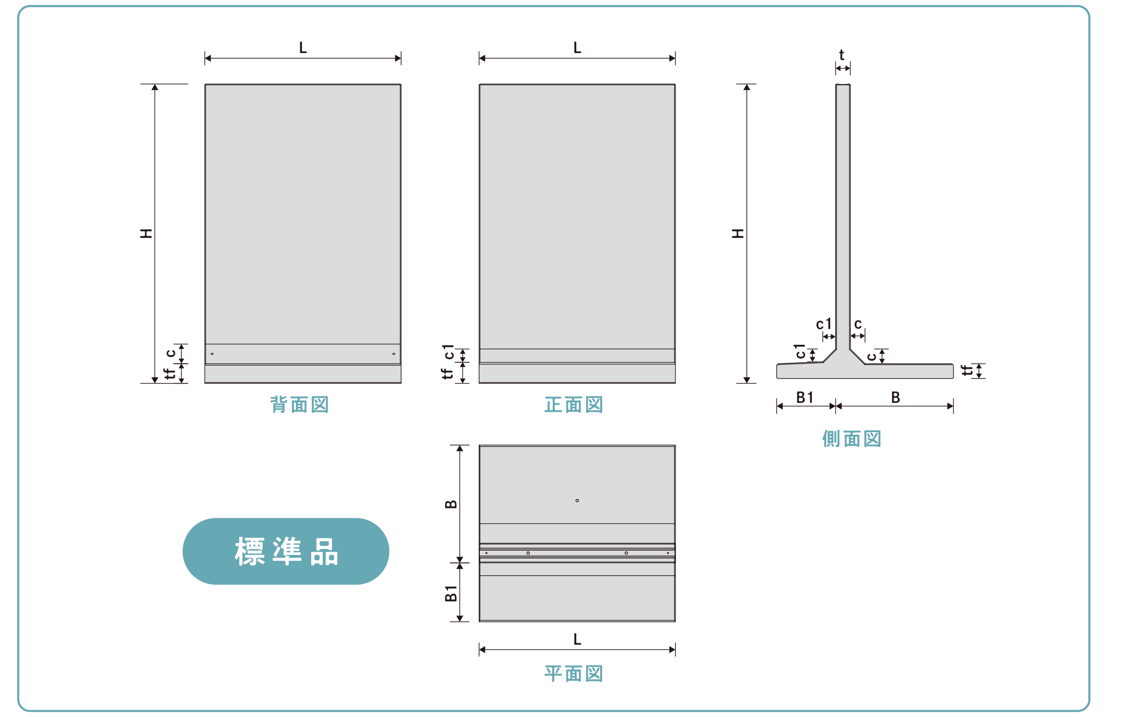 ヤードン標準品の背面図・正面図・側面図・平面図(寸法記号 L・H・t・tf・c1・c・B・B1)