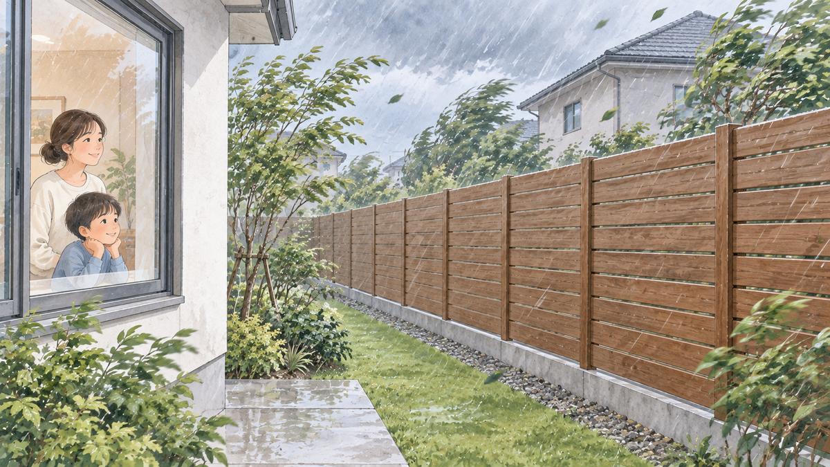 台風の風と雨の中でまっすぐ立つ目隠しフェンスを、家の窓から親子が見ている絵
