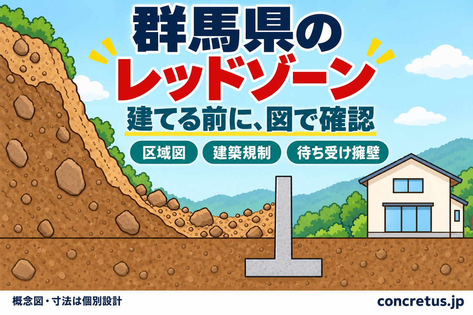 群馬県のレッドゾーン。建てる前に、図で確認。区域図・建築規制・待ち受け擁壁を解説する記事のアイキャッチ。崖と建物の間に地中の逆T型底版を持つ壁を描いた概念図。寸法は個別設計。concretus.jp。