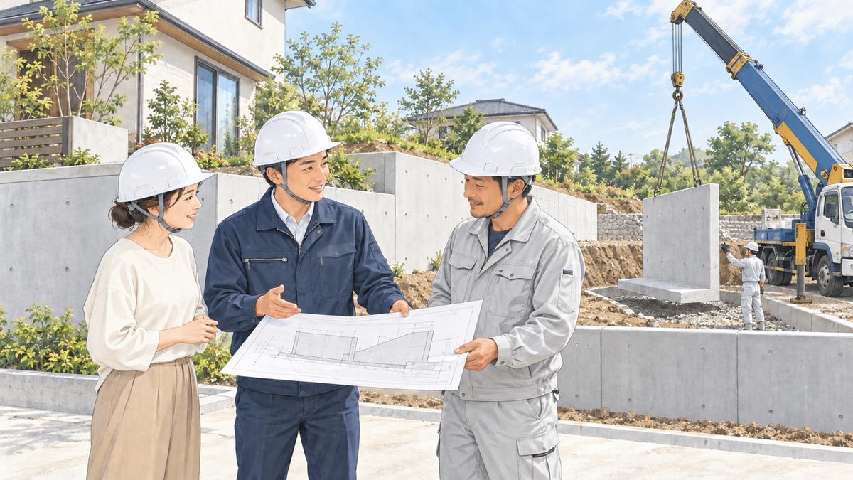 お客さん、当社の担当、施工会社さんが図面を囲み、奥でクレーンがL型の製品を吊っている絵