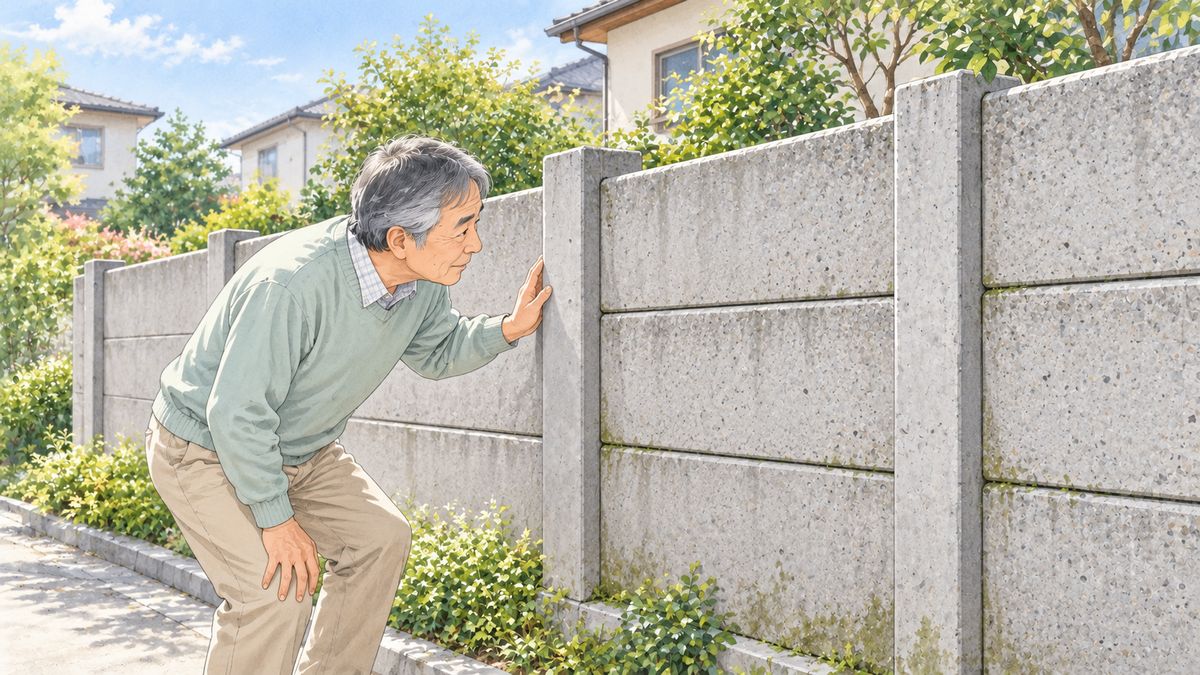 住宅の境界の古い万年塀を、持ち主が柱と板のつなぎ目のあたりで確かめている