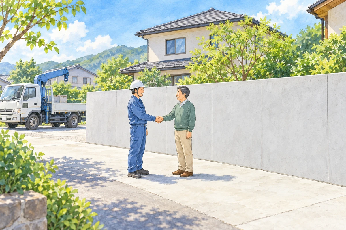施工業者さんと家の持ち主が、できあがったコンクリートの塀の前で握手