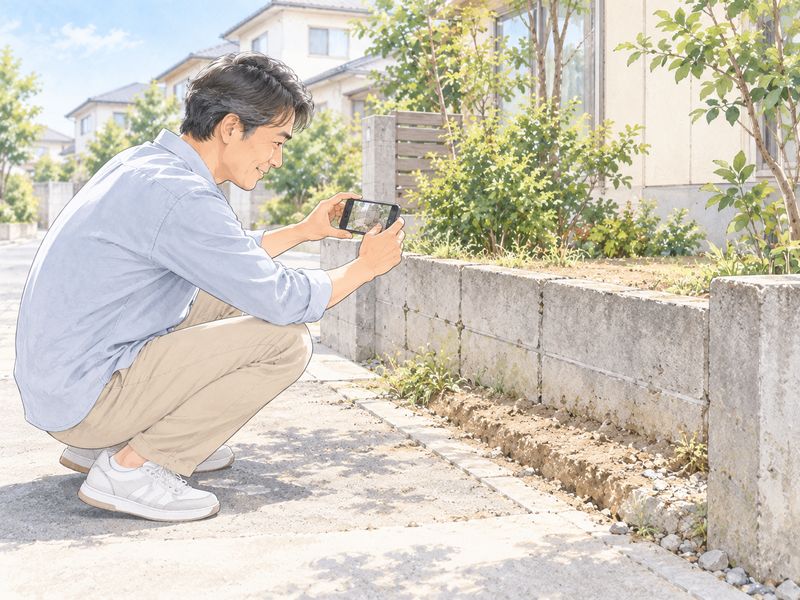 住宅の持ち主が、敷地の境界のあたりをスマートフォンで撮って送っている