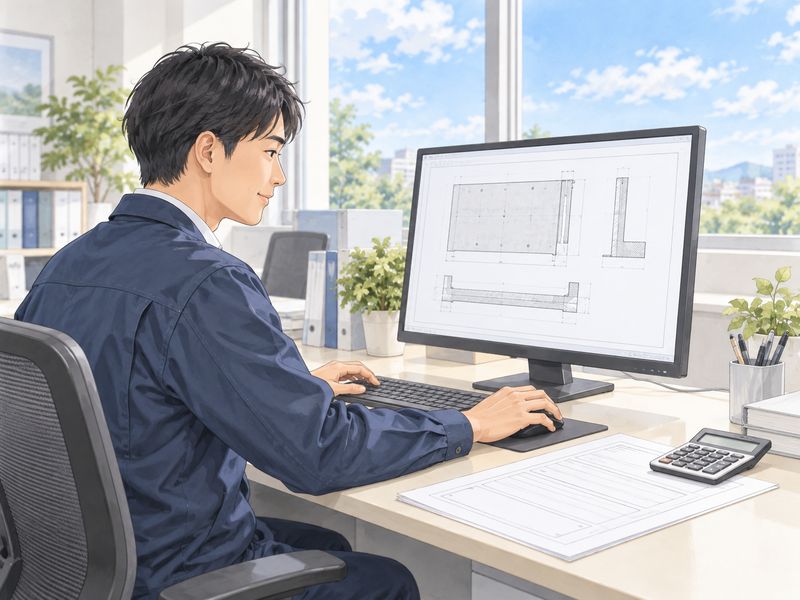 担当者が、パソコンで図面を作り、見積の書類を用意している