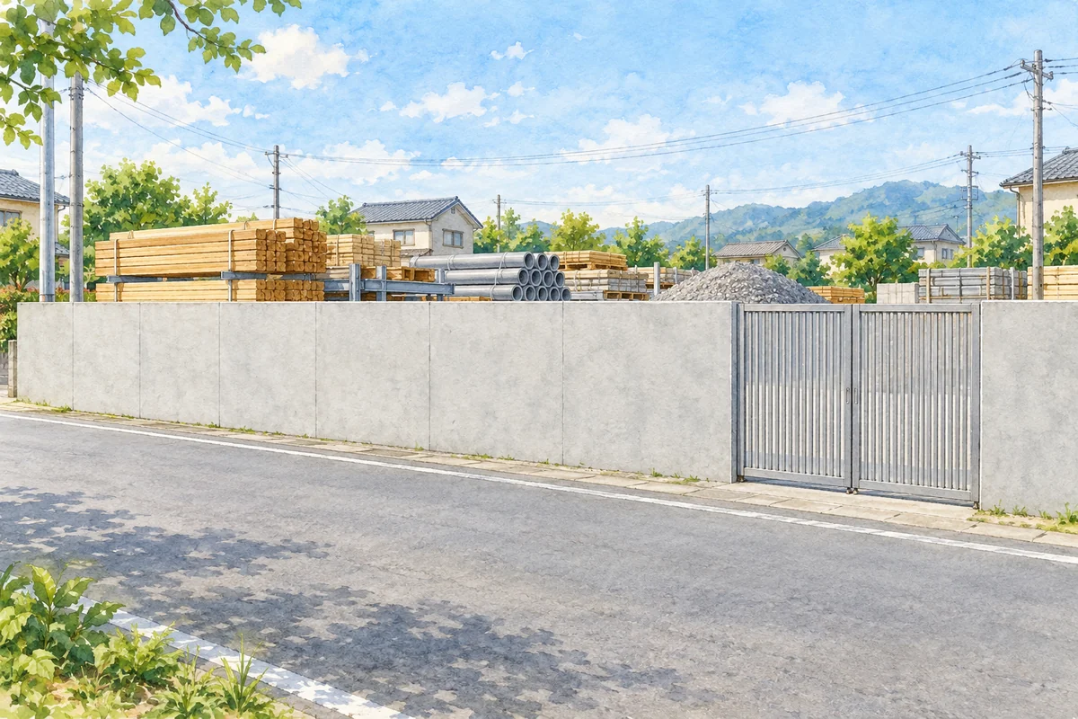 囲いで区切られた資材置き場
