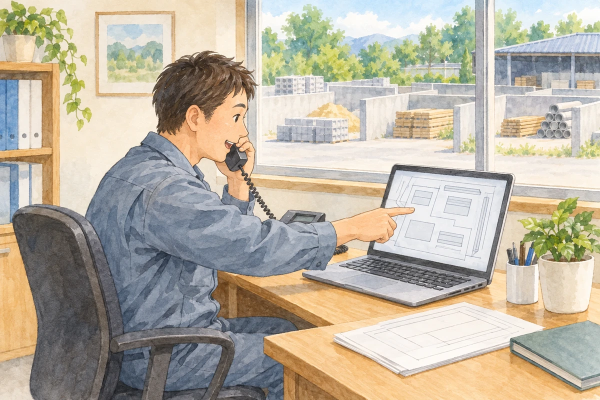 電話で相談しながら図面を見る人